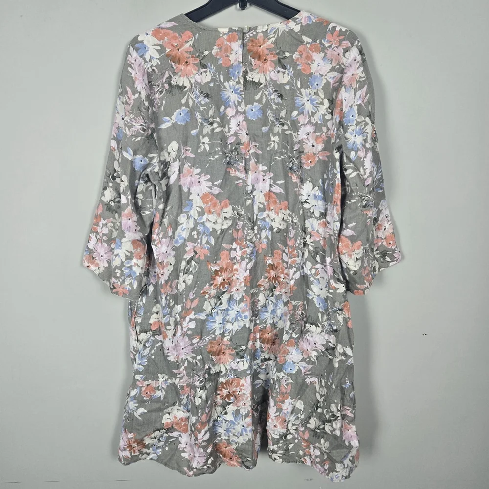 J Jill Love Linen Womens Floral Caraway Dress XL Petite Green Bloomcore Beachy - Picture 2 of 8